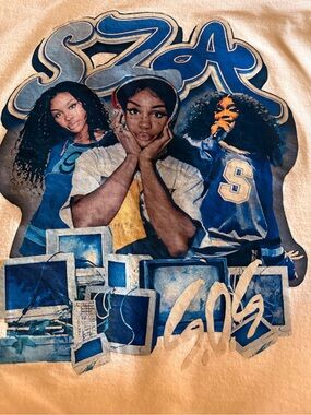Gildan White Tee with Blue Graphic SZA Group Portrait. Unofficial, Bootleg style